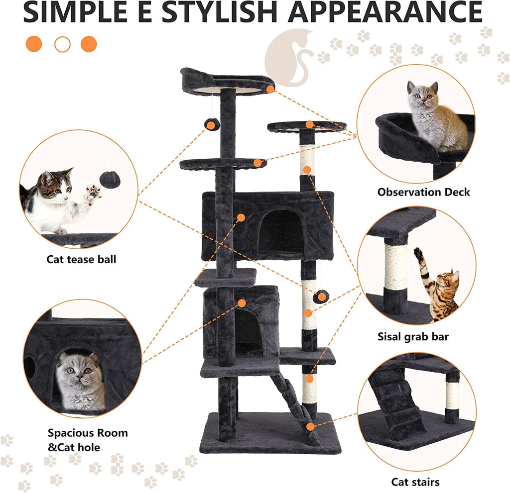 54-Inch Cat Tree Tower with Scratch Posts, Condo, and Toys in Dark Gray - Ideal for Active Cats