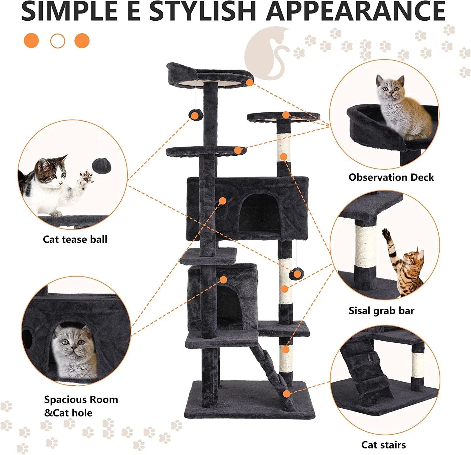 54-Inch Cat Tree Tower with Scratch Posts, Condo, and Toys in Dark Gray - Ideal for Active Cats