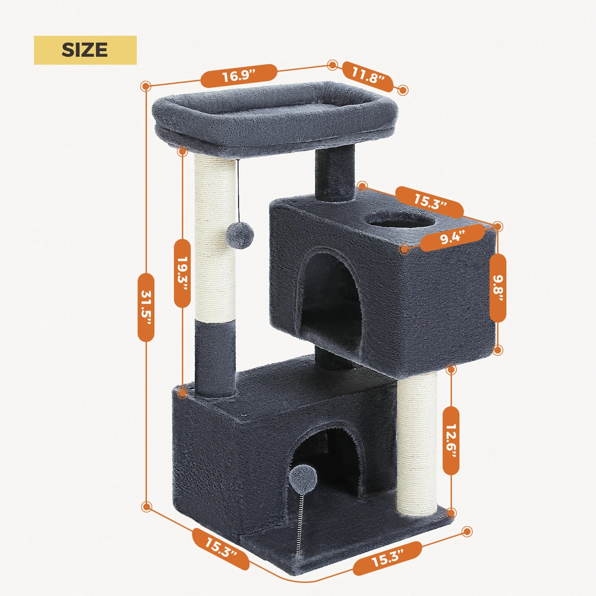 31.5" Modern Cat Tree Tower with Dual Large Condos for Kitten ＆ Medium Size Cat Dark Gray