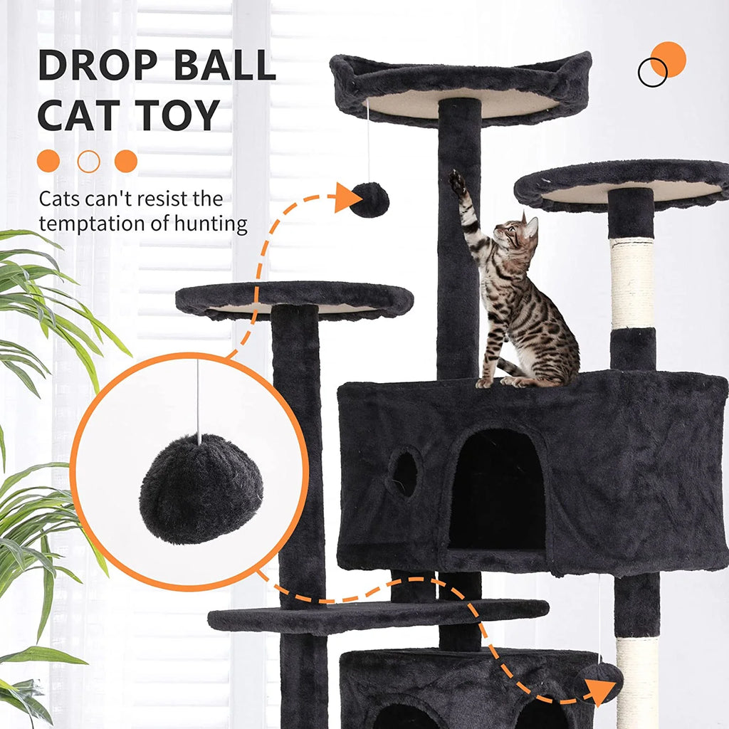 54-Inch Cat Tree Tower with Scratch Posts, Condo, and Toys in Dark Gray - Ideal for Active Cats