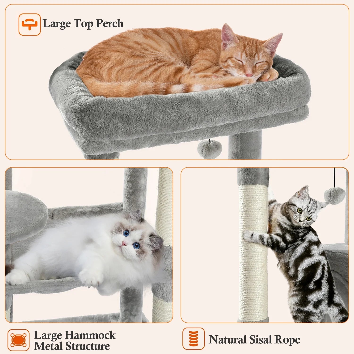 Large Cat Tree with Multi-Level Design, Sisal-Wrapped Scratching Posts, Spacious Condo, Comfortable Hammock, and Plush Top Perch