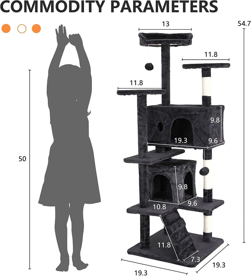 54-Inch Cat Tree Tower with Scratch Posts, Condo, and Toys in Dark Gray - Ideal for Active Cats