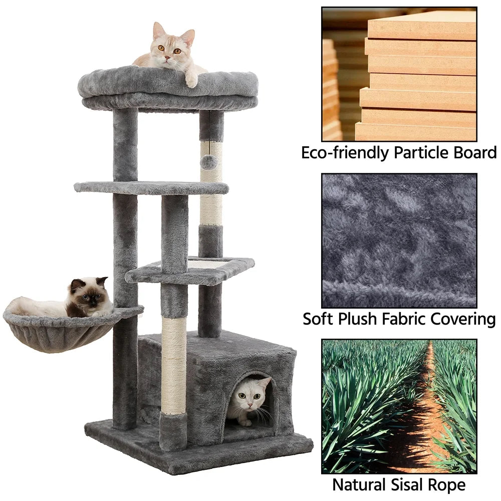 Large Cat Tree with Multi-Level Design, Sisal-Wrapped Scratching Posts, Spacious Condo, Comfortable Hammock, and Plush Top Perch