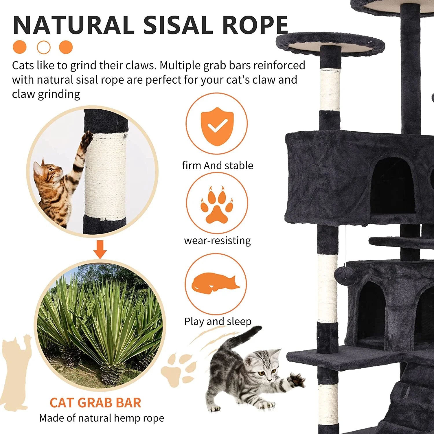 54-Inch Cat Tree Tower with Scratch Posts, Condo, and Toys in Dark Gray - Ideal for Active Cats