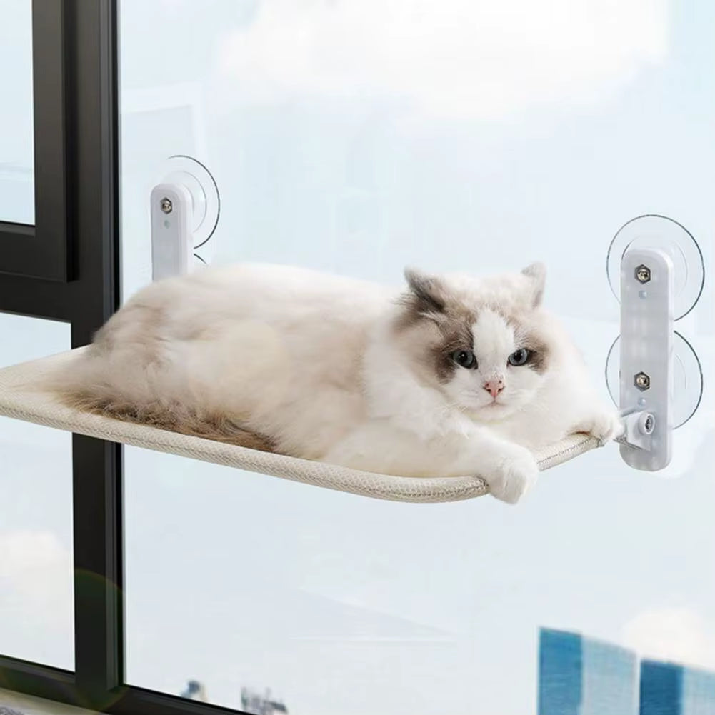 Window Mounted Cat Hammock Breathable Mesh Fabric Cover Foldable Cat Bed with 4 Suction Cups Cordless Steel Frame Window Perch